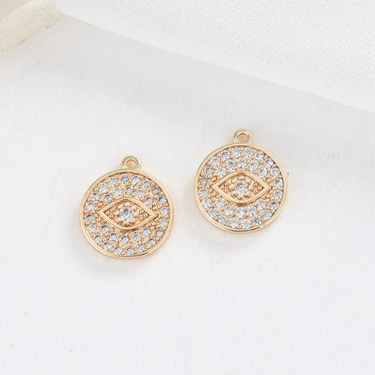 2 Round Eye Charm Pendant Rhinestone Embellished 14K GF