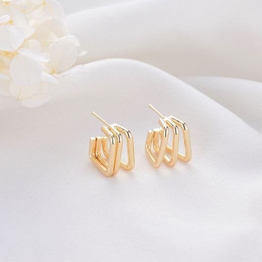 4 Square Circle Stud Earrings 14K GF Earing