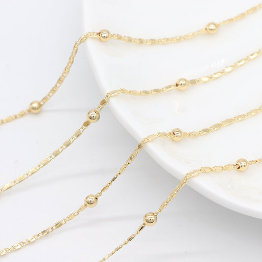 Chaîne fine à maillons plats et perles rondes de 2 mètres, 14K GF