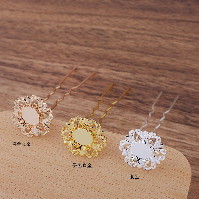 10 Scallop Edge Bezel Cup Filigree Floral Charm Hair Fork Hairpin 18KGP 10mm Round Cabochon Blank Base Gemstone Piece Setting