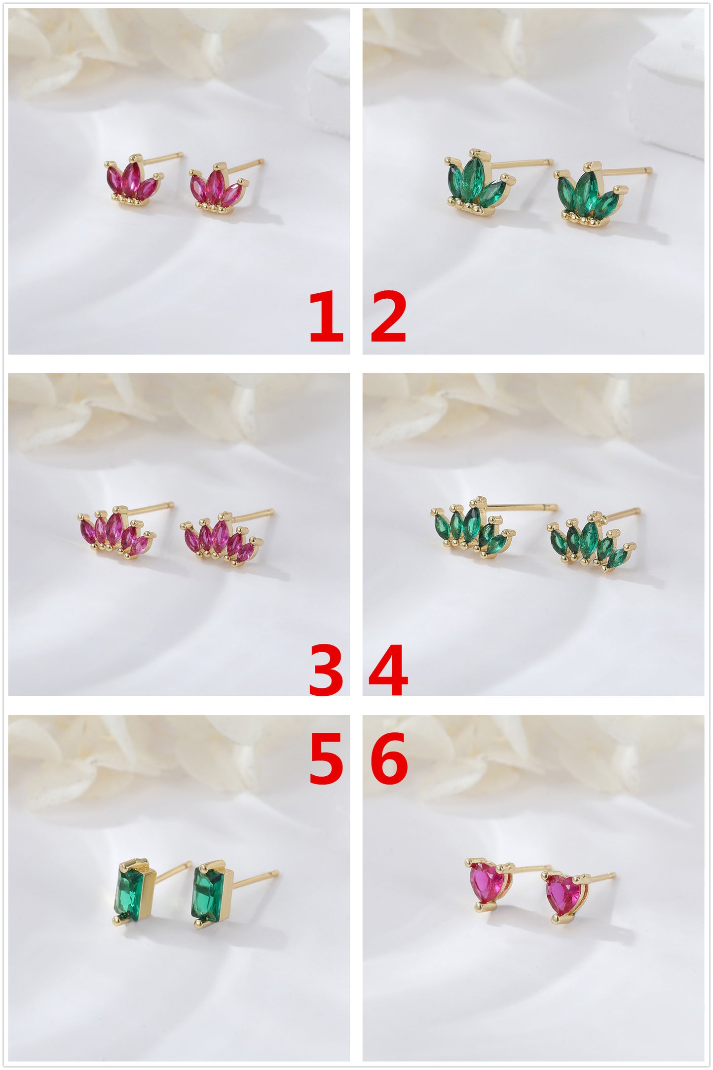 4 boucles d'oreilles à tige avec couronne à trois feuilles, ornées de strass 14K GF