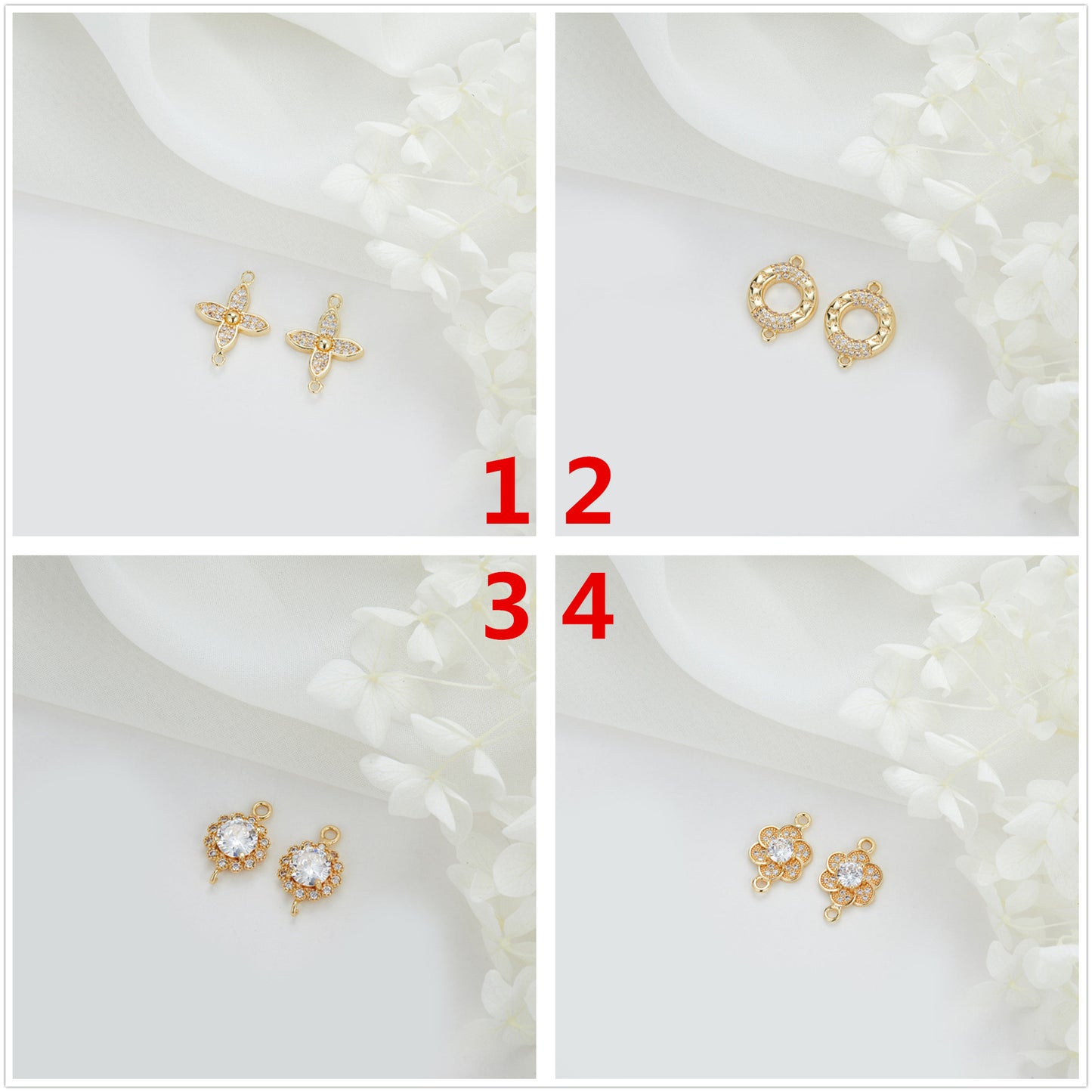 2 Double boucle Floral Cercle Lune Ovale Charme Connecteur Strass Embelli 14K GF