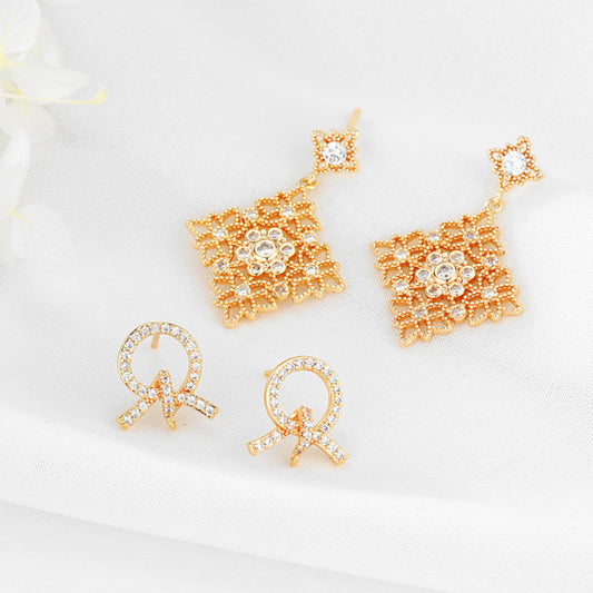 4 Floral Charm Stud Earrings Rhinestone Embellished 14K GF Earing