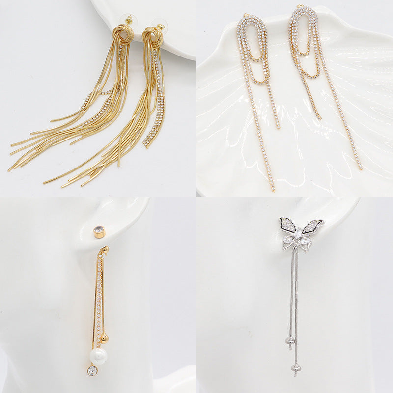 Boucles d'oreilles à clous avec chaîne à griffes de papillon, 4 breloques rondes, 14K GF, ornées de strass