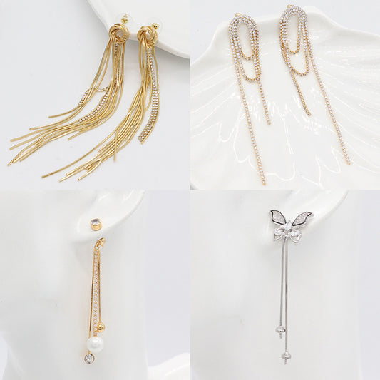 Boucles d'oreilles à clous avec chaîne à griffes de papillon, 4 breloques rondes, 14K GF, ornées de strass