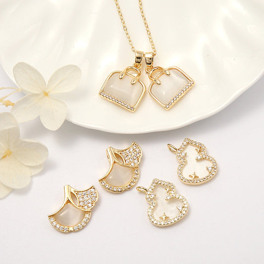 2 Ginkgo Leaf Sac à main Gourd Charm Pendentif Résine Strass Embelli 14K GF