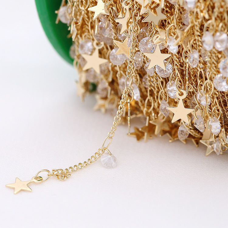 Chaîne de câble mince en forme de feuille et d'étoile en strass de 2 mètres, lien O incurvé, 14K GF