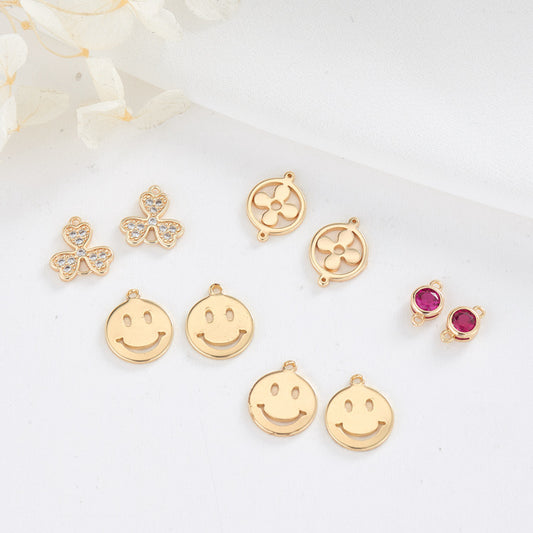 2 Double Looped Clover Floral Charm Connector Rhinestone Embellished 14K GF