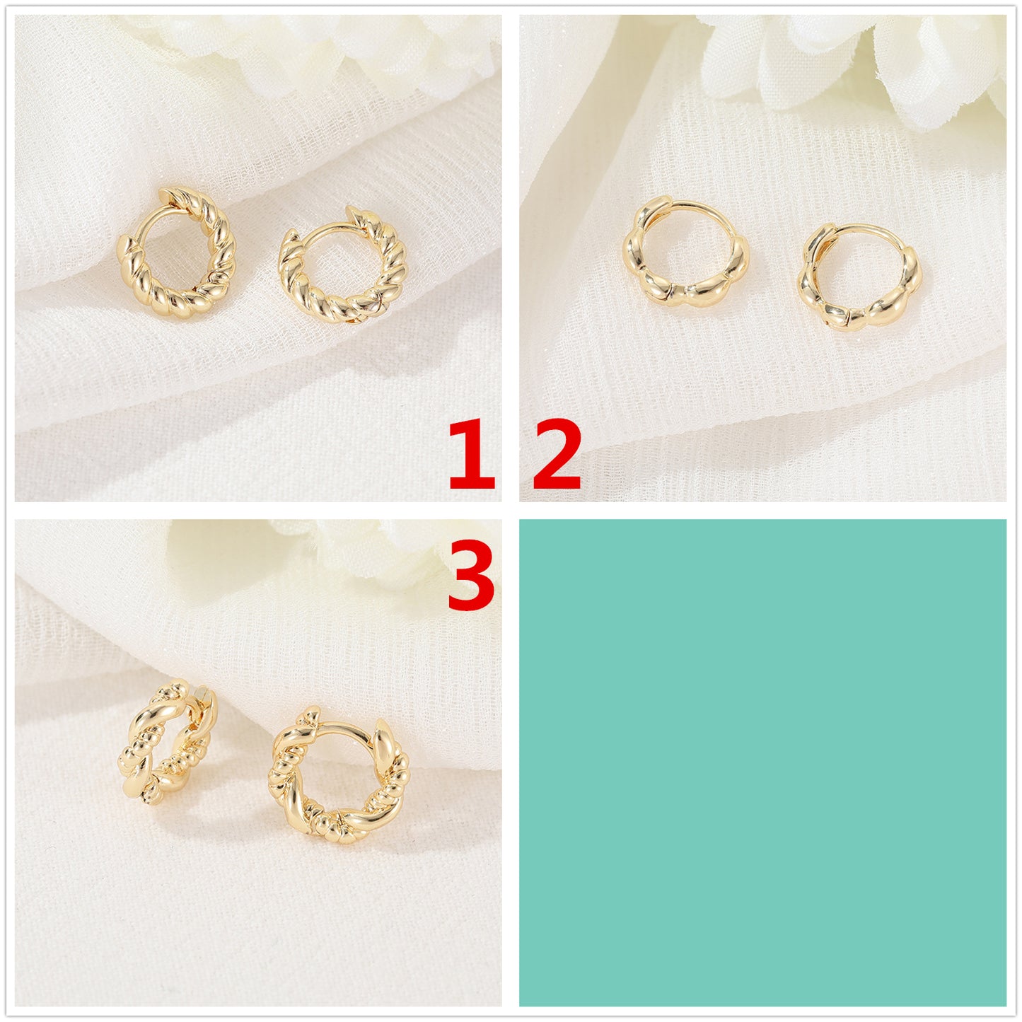 4 boucles d'oreilles créoles épaisses en cercles torsadés 14K GF Earing