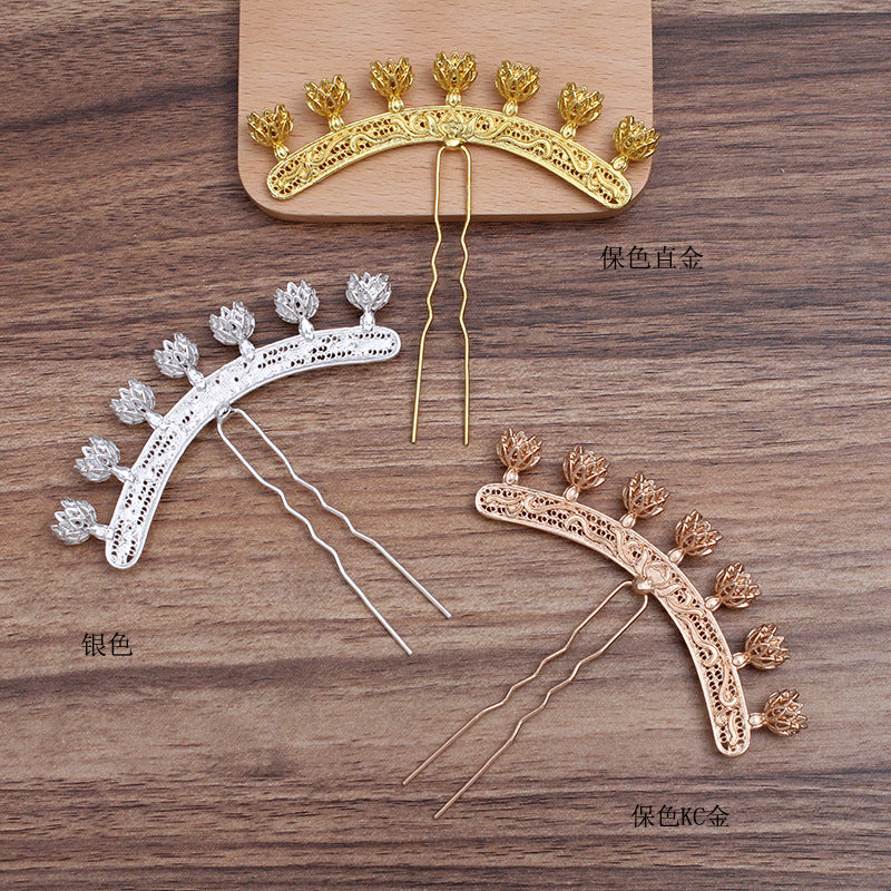 10 Bent Multi Floral Charm Hair Fork Hairpin 18KGP 6mm Round Bead Blank Gemstone Beads Setting