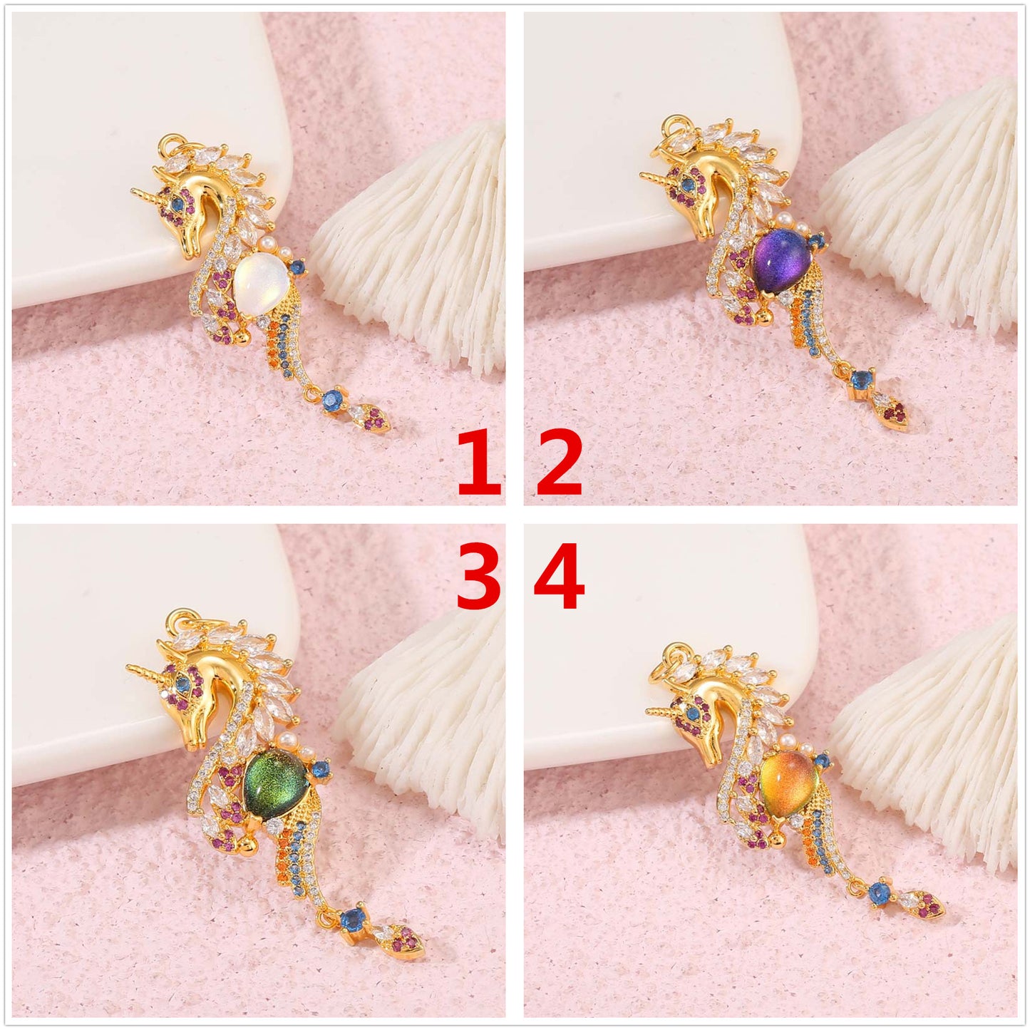 2 Unicorn Charm Pendant Resin Rhinestone Embellished 14K GF