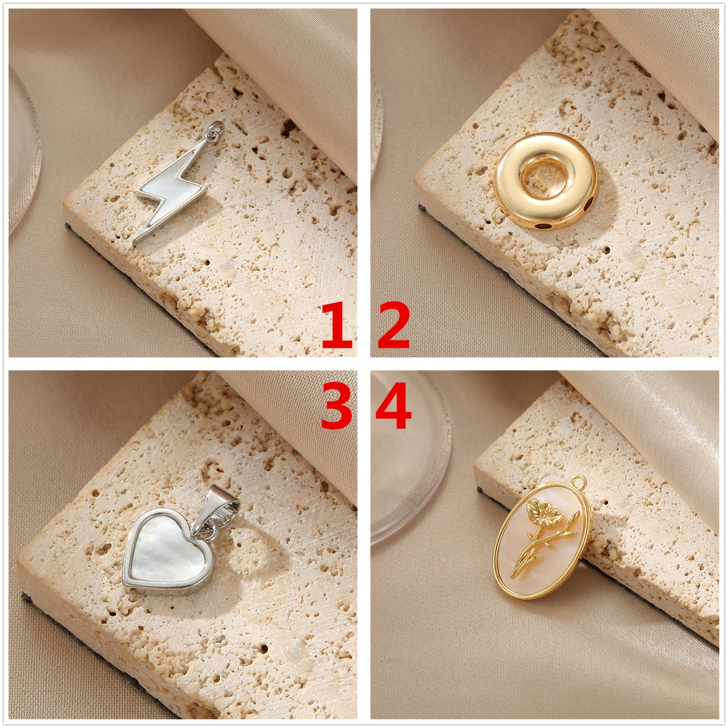 2 Flash-Herz-Oval-Blumen-Charm-Anhänger mit Muschelverzierung, 14 Karat GF