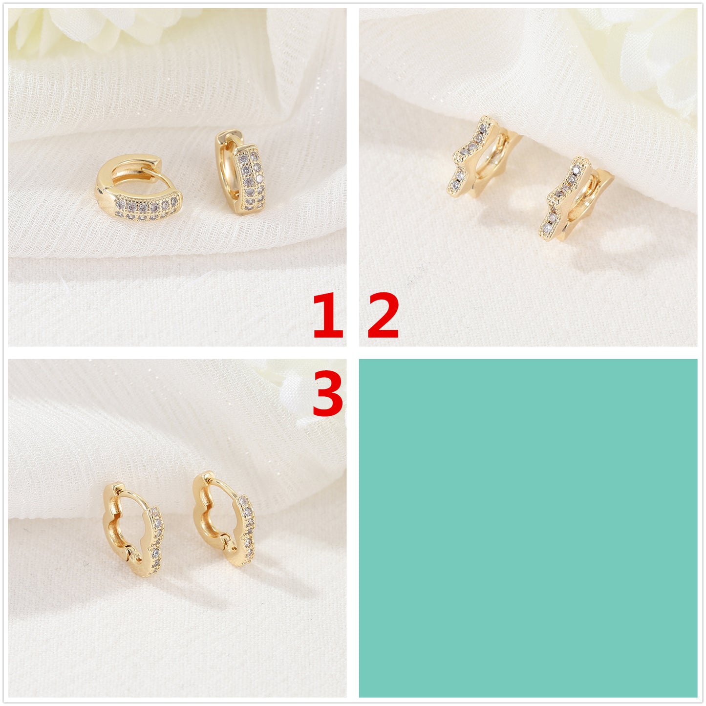 4 Round Star Floral Circle Hoop Earrings Rhinestone Embellished 14K GF Earing