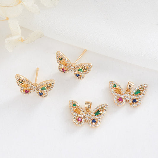 4 Butterfly Charm Pendant Stud Earrings Rhinestone Embellished 14K GF
