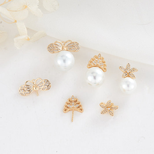 2 Floral Dragonfly Crown Charm Pendant Rhinestone Embellished 14K GF Half Drilled Pearl Bead Blank