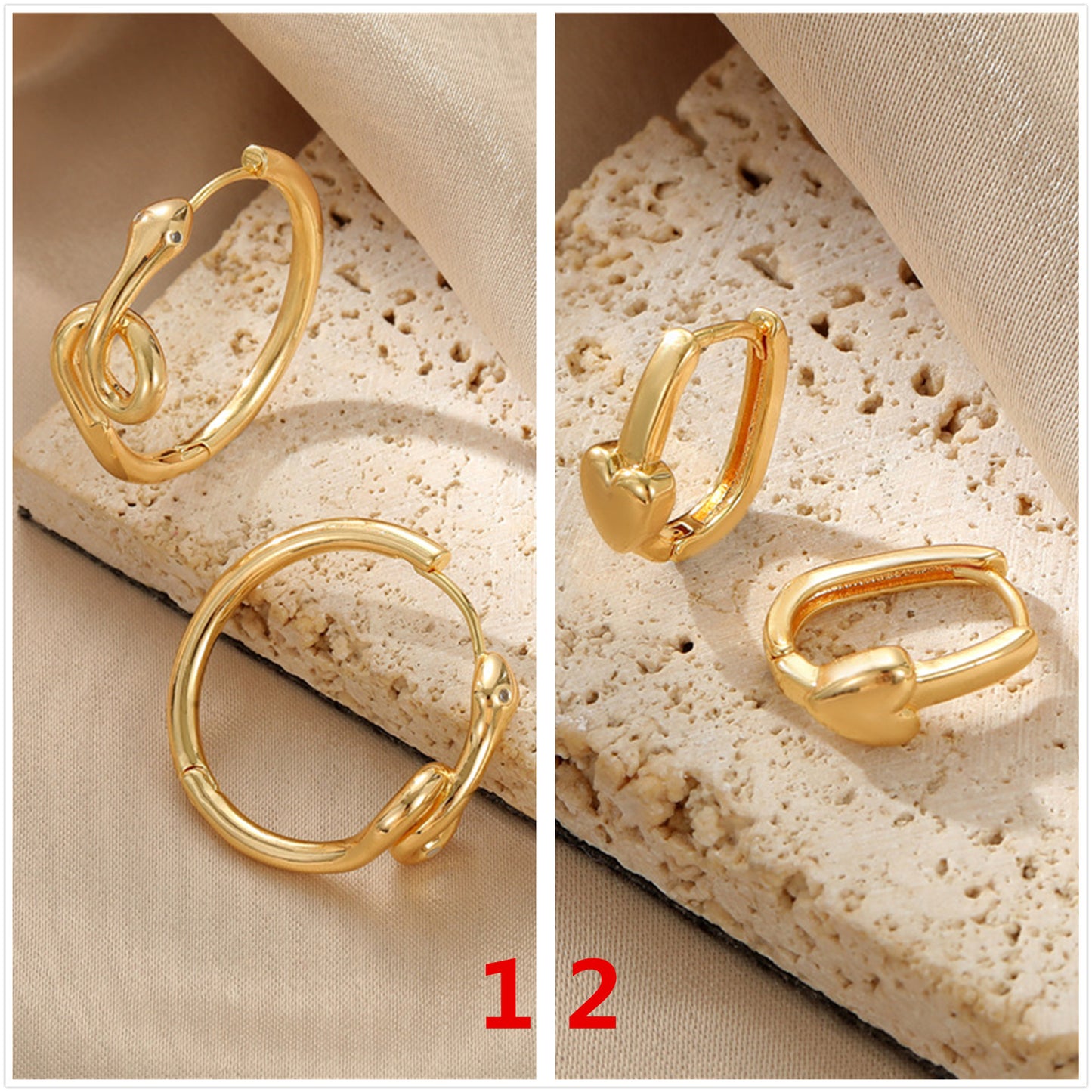 4 boucles d'oreilles serpent rectangle cercle coeur cerceau strass embelli 14K GF boucle d'oreille