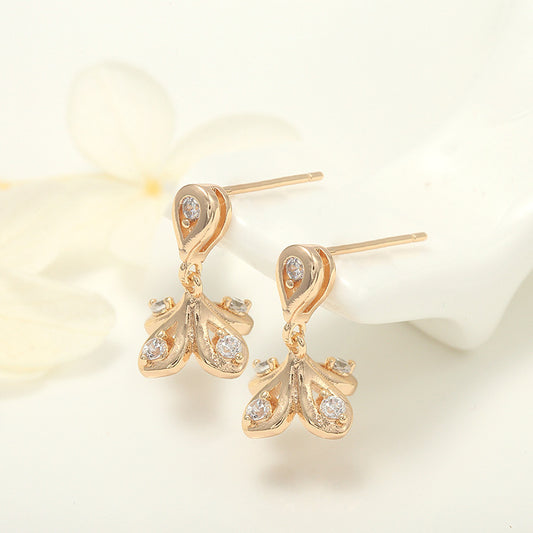 4 Ohrstecker mit Blumenmuster, Strassverzierung, 14-Karat-GF-Ohrring, halbgebohrte Perle, Rohling