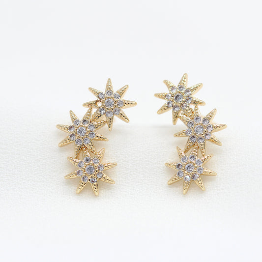 4 boucles d'oreilles trois étoiles à tige ornées de strass 14K GF