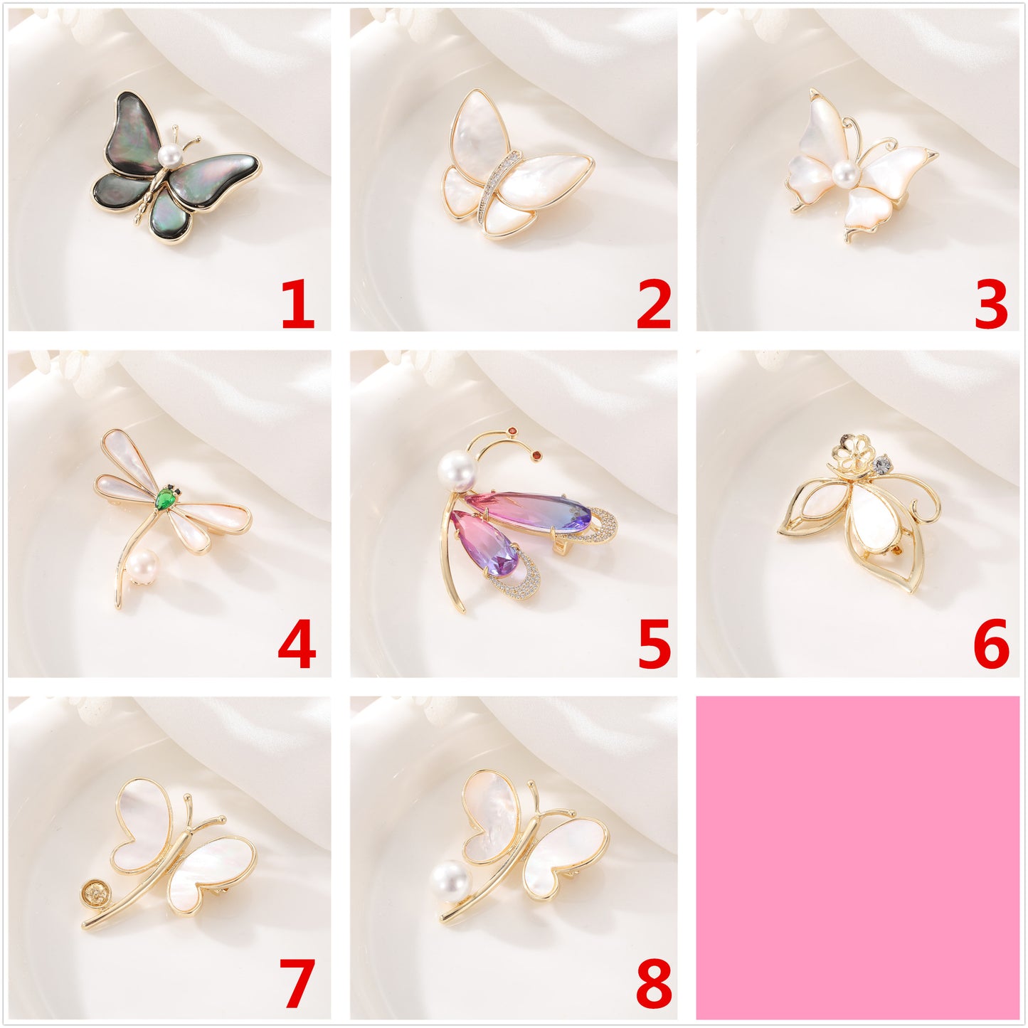 2 Broche Papillon 14K GF Perle Coquille Strass Embellie Demi-Percée Perle Perle Vierge