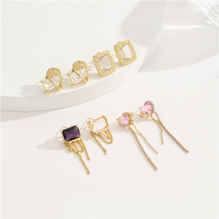 4 quadratische, herzförmige, rechteckige Quasten-Ohrstecker, 14-karätige GF-Strassverzierung