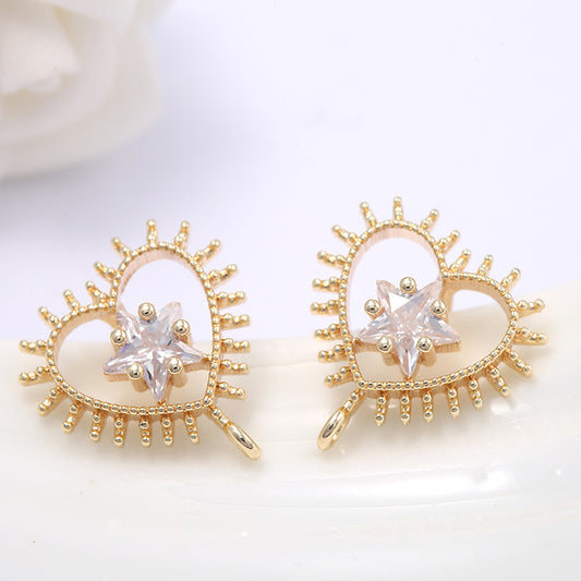 4 boucles d'oreilles à tige en forme de cœur creux avec boucle 14K GF ornées de strass