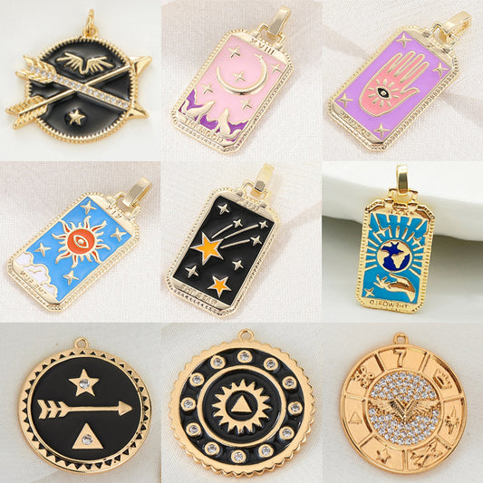 2 Pfeil Sun Star Hamsa Runde Rechteck Münze Tarot Charm Anhänger Emaille Epoxy 14K GF Strass verziert