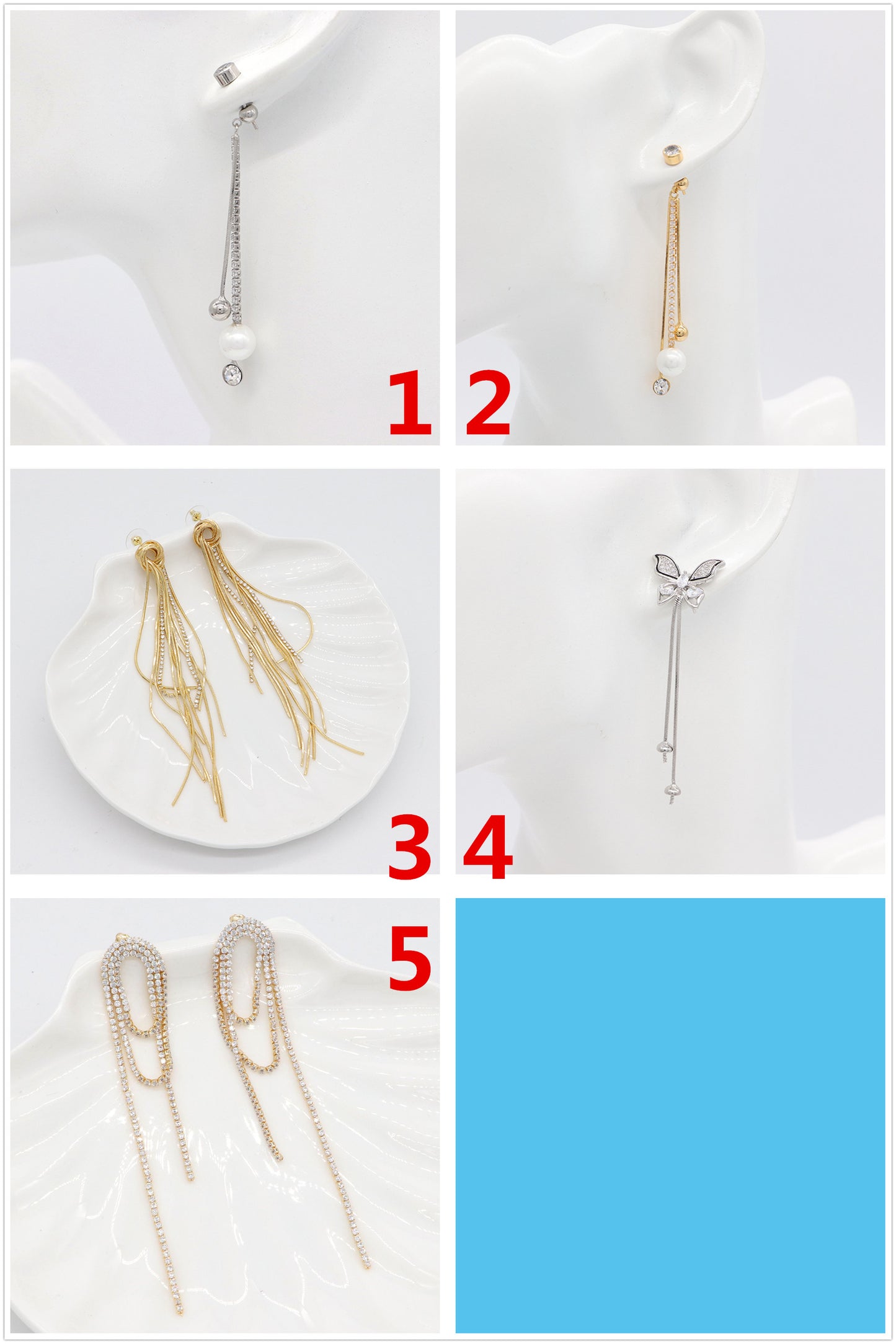 Boucles d'oreilles à clous avec chaîne à griffes de papillon, 4 breloques rondes, 14K GF, ornées de strass