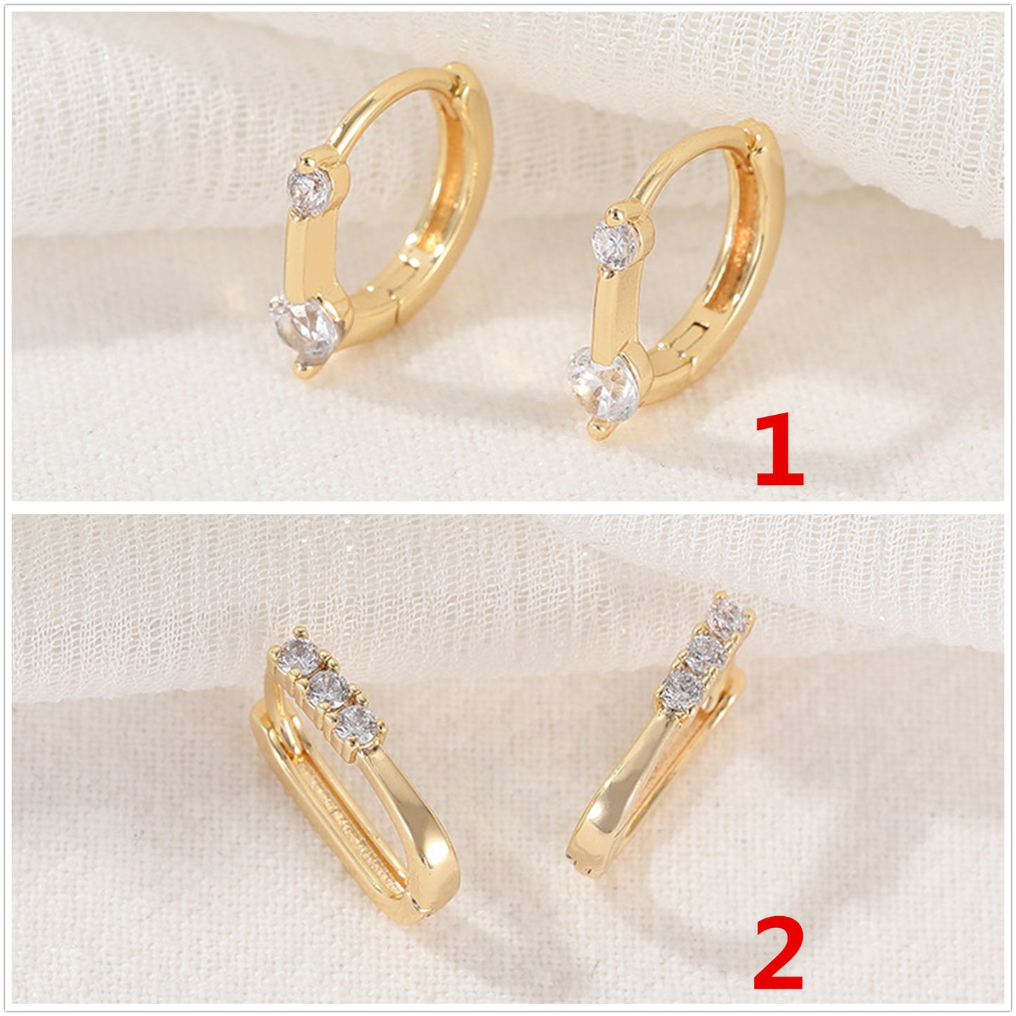 4 Round Rectangle Hoop Earrings Rhinestone Embellished 14K GF Earing