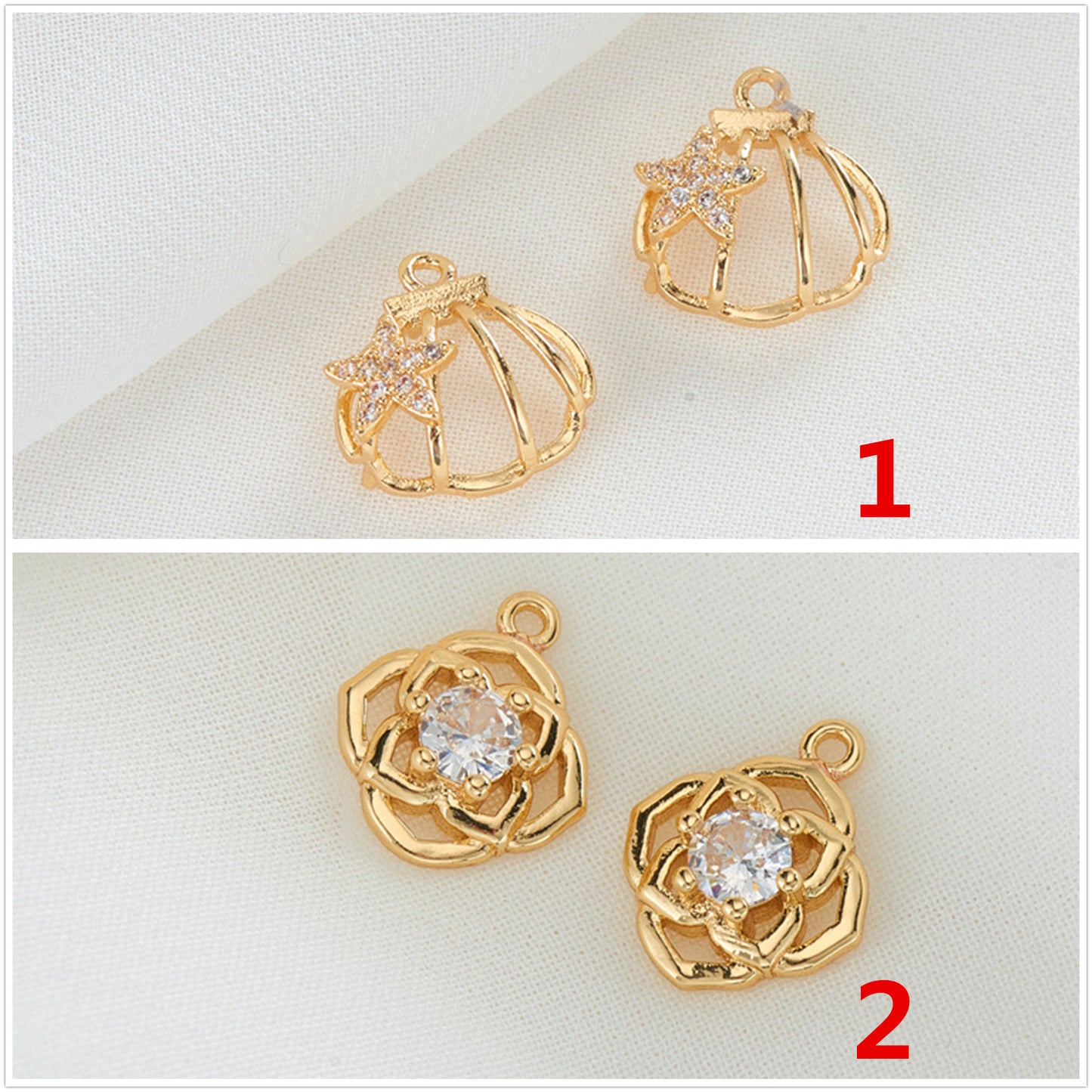 2 pendentifs à breloques en forme de coquille florale creuse ornés de strass 14K GF