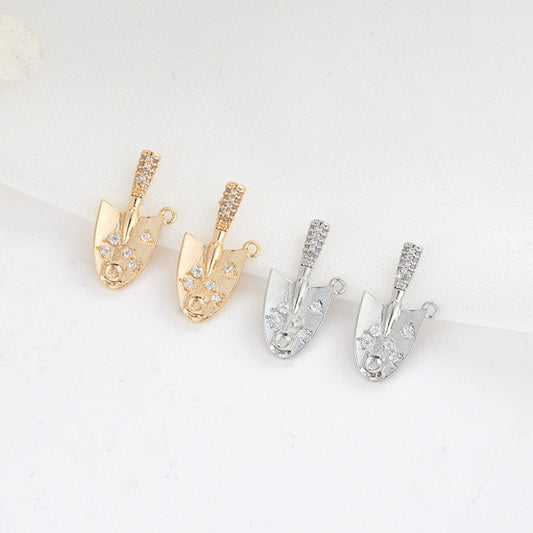 2 Shovel Charm Pendant Rhinestone Embellished 14K GF