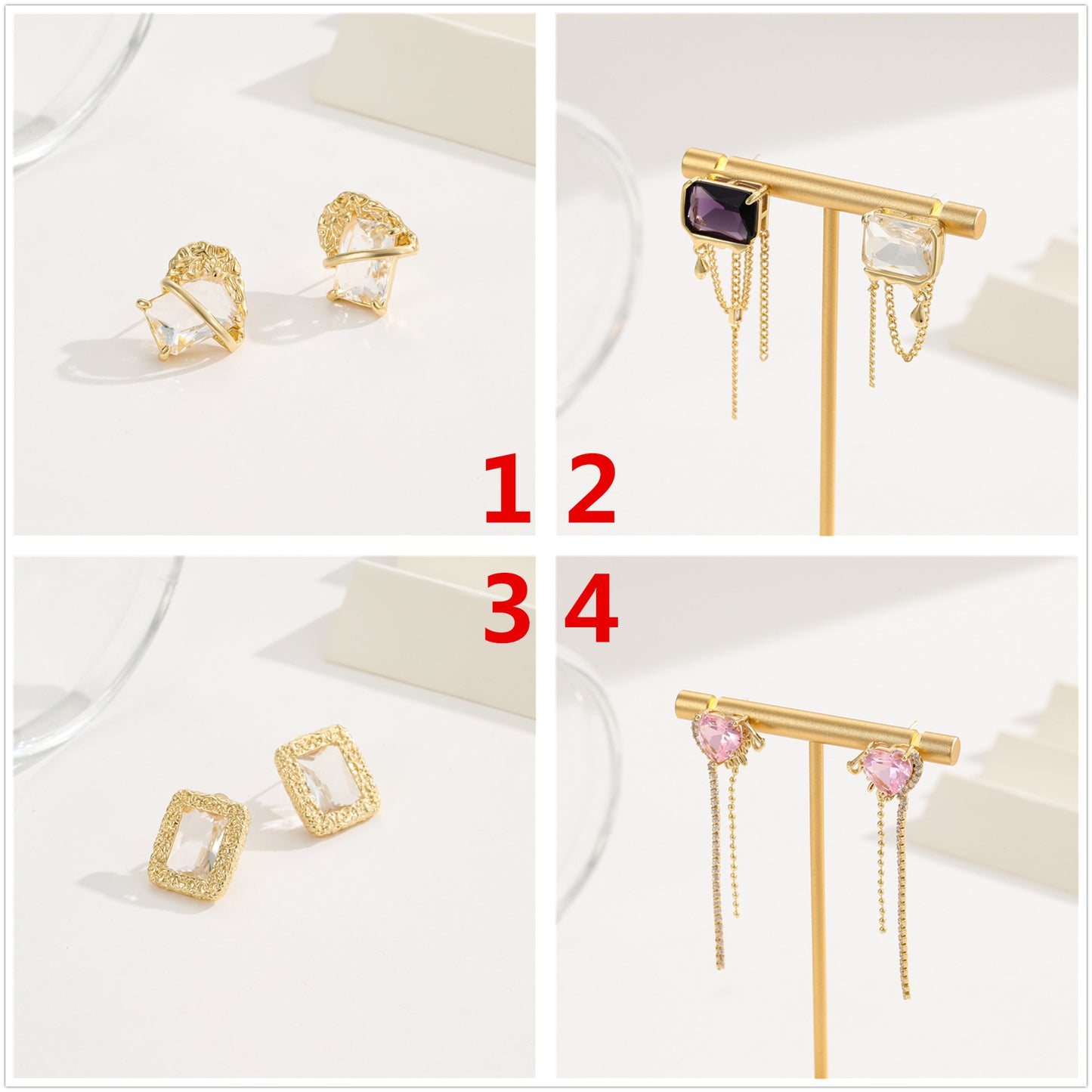 4 quadratische, herzförmige, rechteckige Quasten-Ohrstecker, 14-karätige GF-Strassverzierung