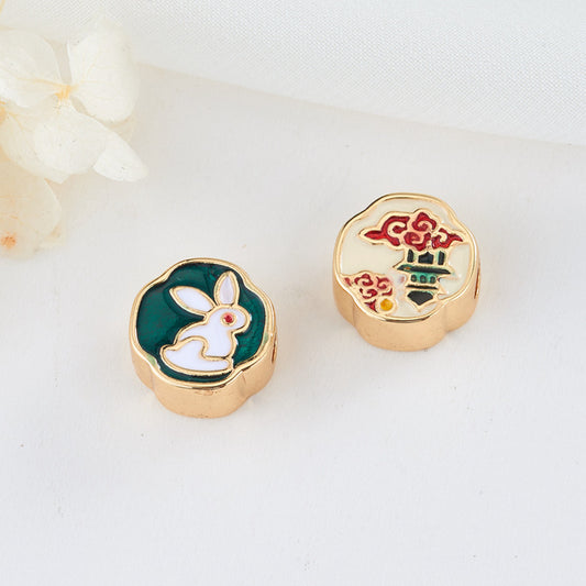 2 Octagon Rabbit Moon Palace Charm Bead Enamel Epoxy 14K GF Beadwork Spacer
