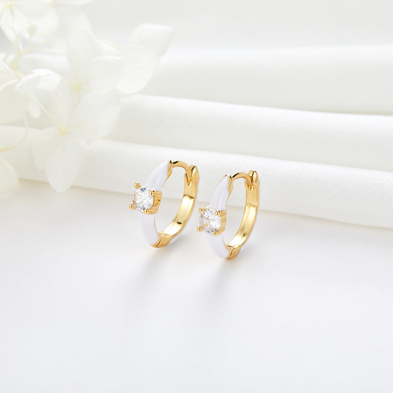 4 One Stone Hoop Earrings Enamel Epoxy Rhinestone Embellished 14K GF Earing