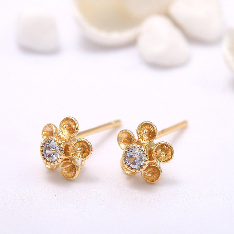 4 Floral Stud Earrings Rhinestone Embellished 14K GF Earing Half Drilled Pearl Bead Blank