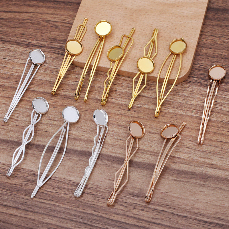 30 Plain Edge Bezel Cup Straight Hair Clip Hairpin 18KGP 12mm Round Cabochon Blank Base Gemstone Piece Setting