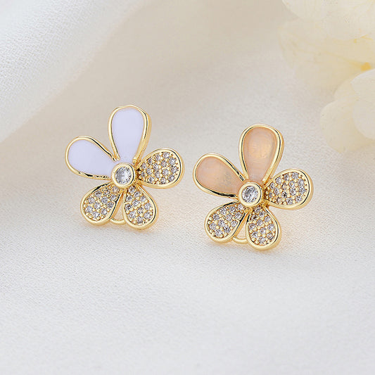 4 Blumen-Ohrstecker mit Schlaufe, Emaille-Epoxidharz-Ohrring mit 14-Karat-GF-Strassverzierung