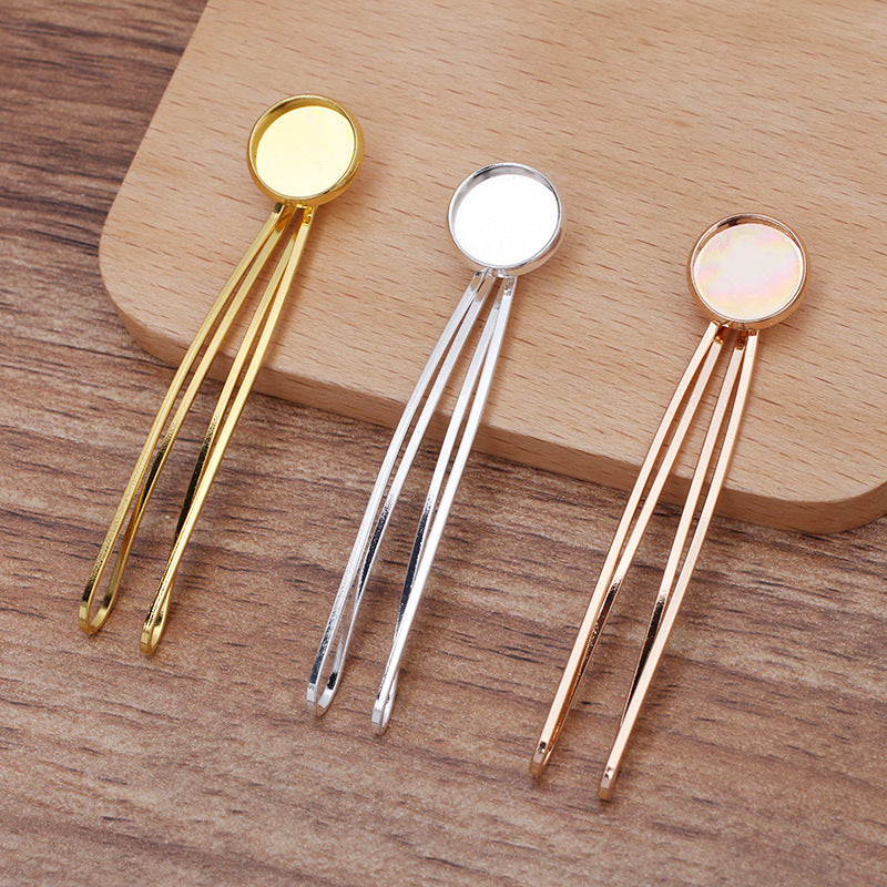 30 Plain Edge Bezel Cup Straight Hair Clip Hairpin 18KGP 12mm Round Cabochon Blank Base Gemstone Piece Setting