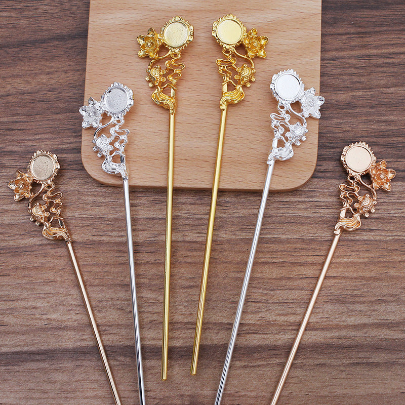 10 Goldfish Floral Chinese Stick Hairpin 18KGP 10mm Round Cabochon Blank Base Gemstone Piece Setting