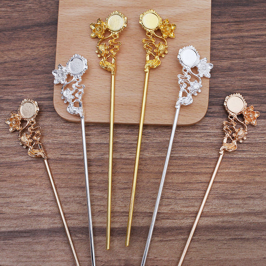 10 Goldfish Floral Chinese Stick Hairpin 18KGP 10mm Round Cabochon Blank Base Gemstone Piece Setting
