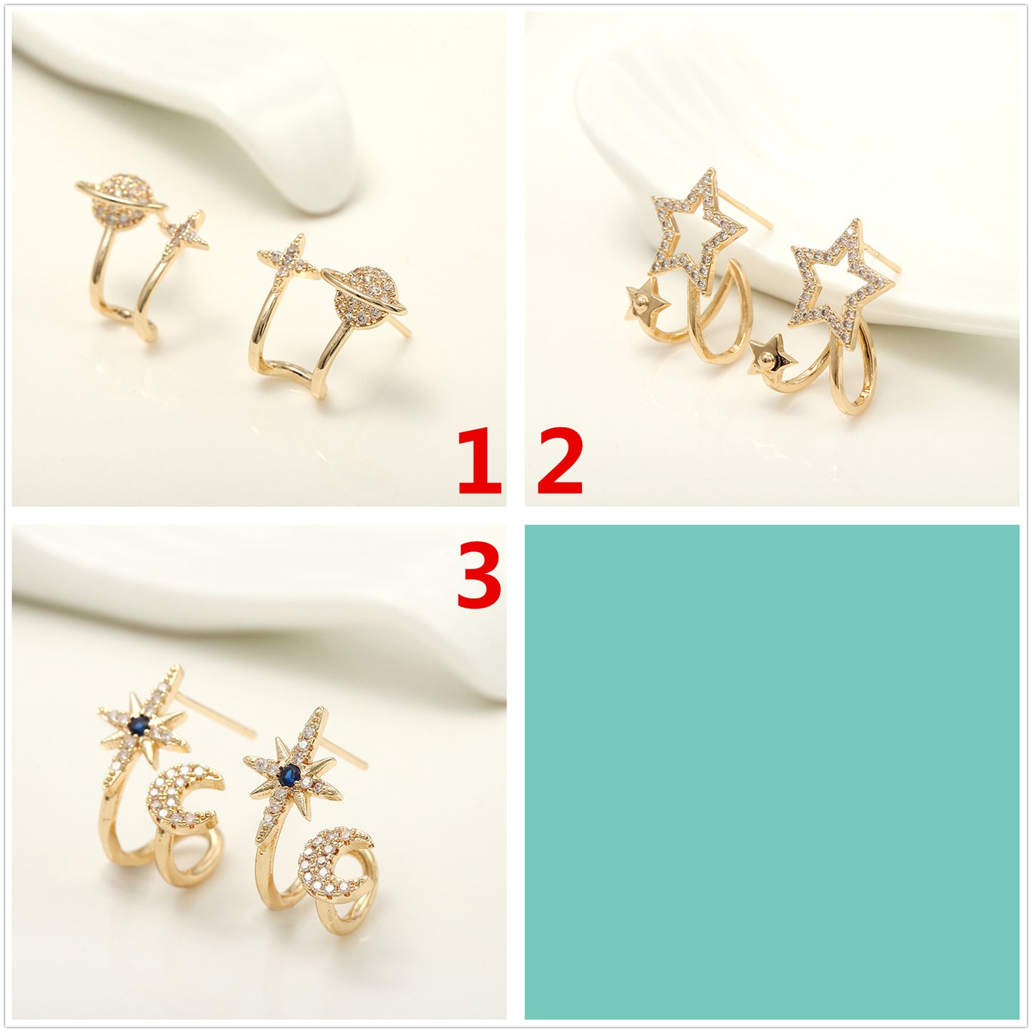 4 Stern Planet Mond Halbkreis Ohrstecker 14K GF Strass verzierte Ohrringe