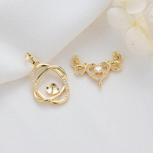 2 Herz-Kreis-Charm-Anhänger mit Strass verziert, 14K GF, halbgebohrte Perle, Rohling