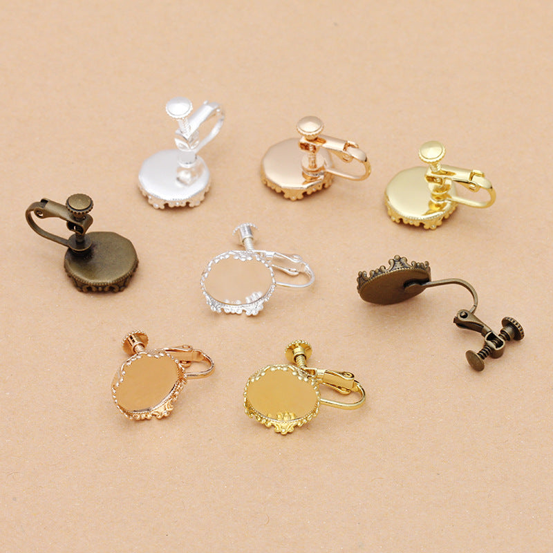 100 Crown Edge Bezel Cup Ear Screw Clip Earrings 18KGP 12mm Round Cabochon Blank Base Gemstone Piece Setting