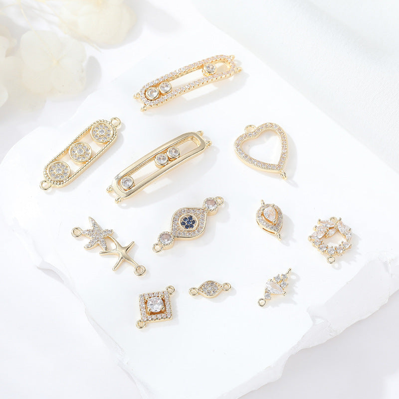 2 Double boucle rectangle étoile de mer oeil carré coeur charme connecteur strass embelli 14K GF