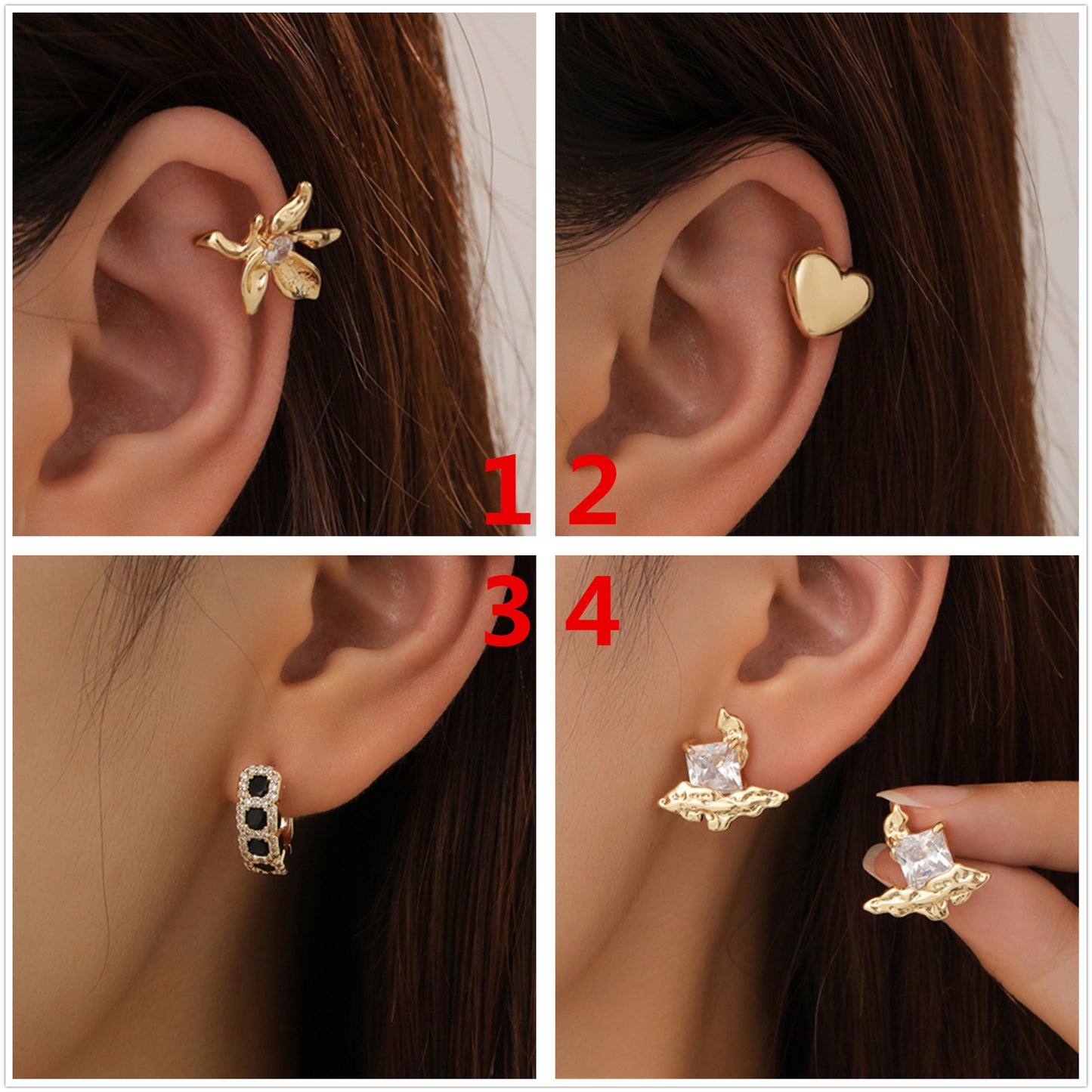 4 boucles d'oreilles créoles en forme de cœur et d'étoile florales ornées de strass 14K GF