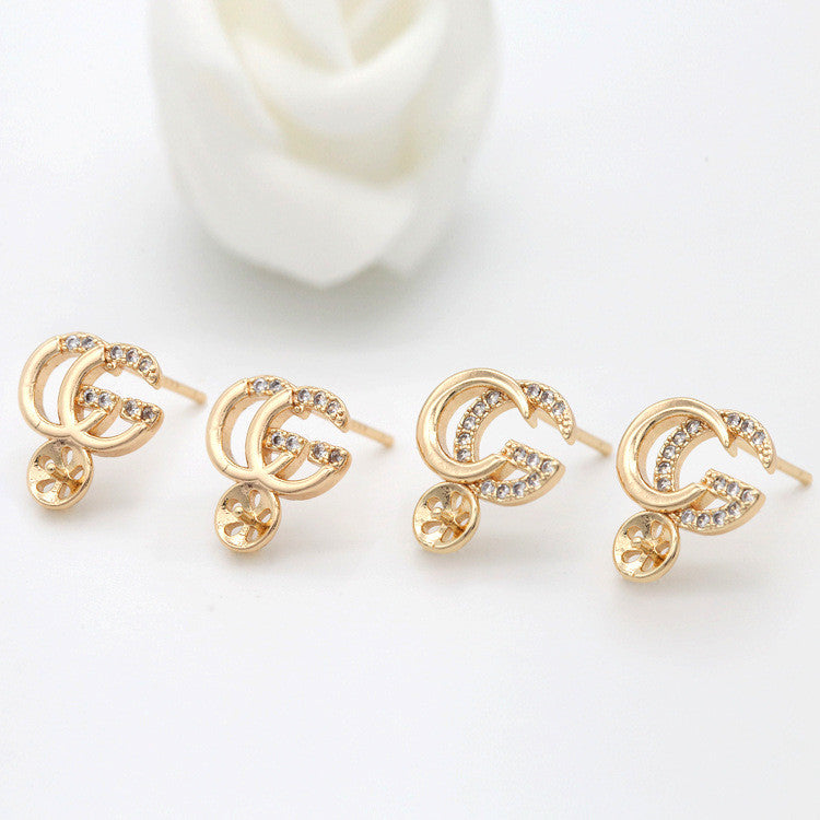 Boucles d'oreilles à tige avec 4 lettres, ornées de strass, 14 carats, GF, perles à moitié percées, vierges