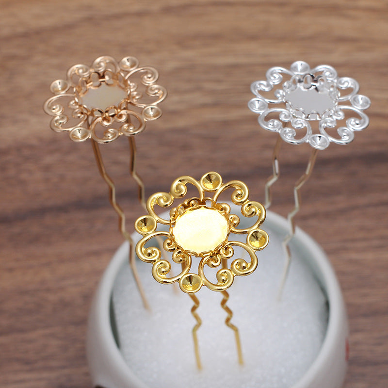 10 Scallop Edge Bezel Cup Filigree Floral Charm Hair Fork Hairpin 18KGP 10mm Round Cabochon Blank Base Gemstone Piece Setting