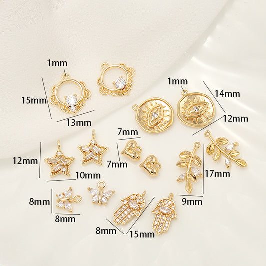 2 Cercle Floral Soleil Étoile Coeur Feuille Papillon Charme Pendentif Strass Embelli 14K GF
