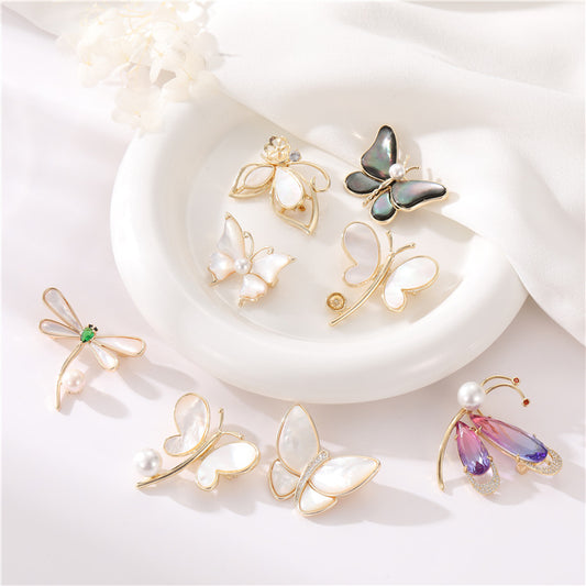 2 Broche Papillon 14K GF Perle Coquille Strass Embellie Demi-Percée Perle Perle Vierge