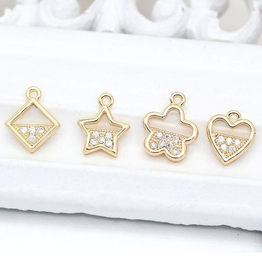 Pendentif à breloque carré en forme de cœur floral 10 étoiles orné de strass 14K GF