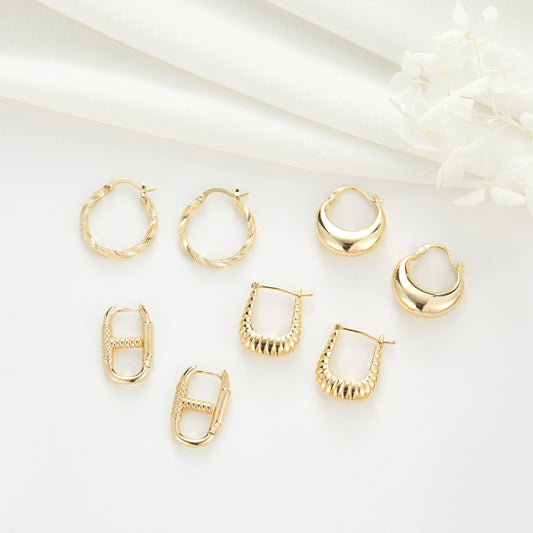 4 rechteckige, mit Draht umwickelte, kreisförmige, klobige Creolen aus 14-karätigem GF